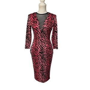 Pink Animal-Print Midi Dress with Mesh V-Neck